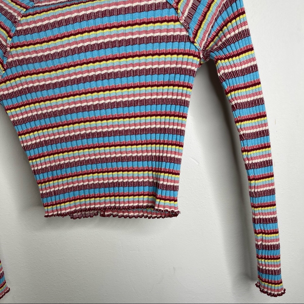 Free People Retro Mirror Blue Striped Mock Neck Ribbed Long Sleeve Crop Top Sz S - Picture 10 of 16